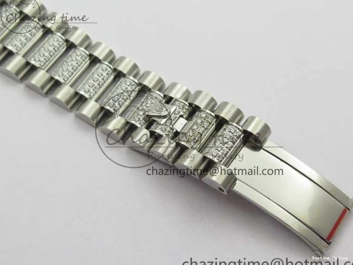 0517 SmoothTexture Day-Date 36mm 128239 SS Crystal BP Best Edition Black MOP Crystal Marker Dial on SS President Bracelet A 2681
